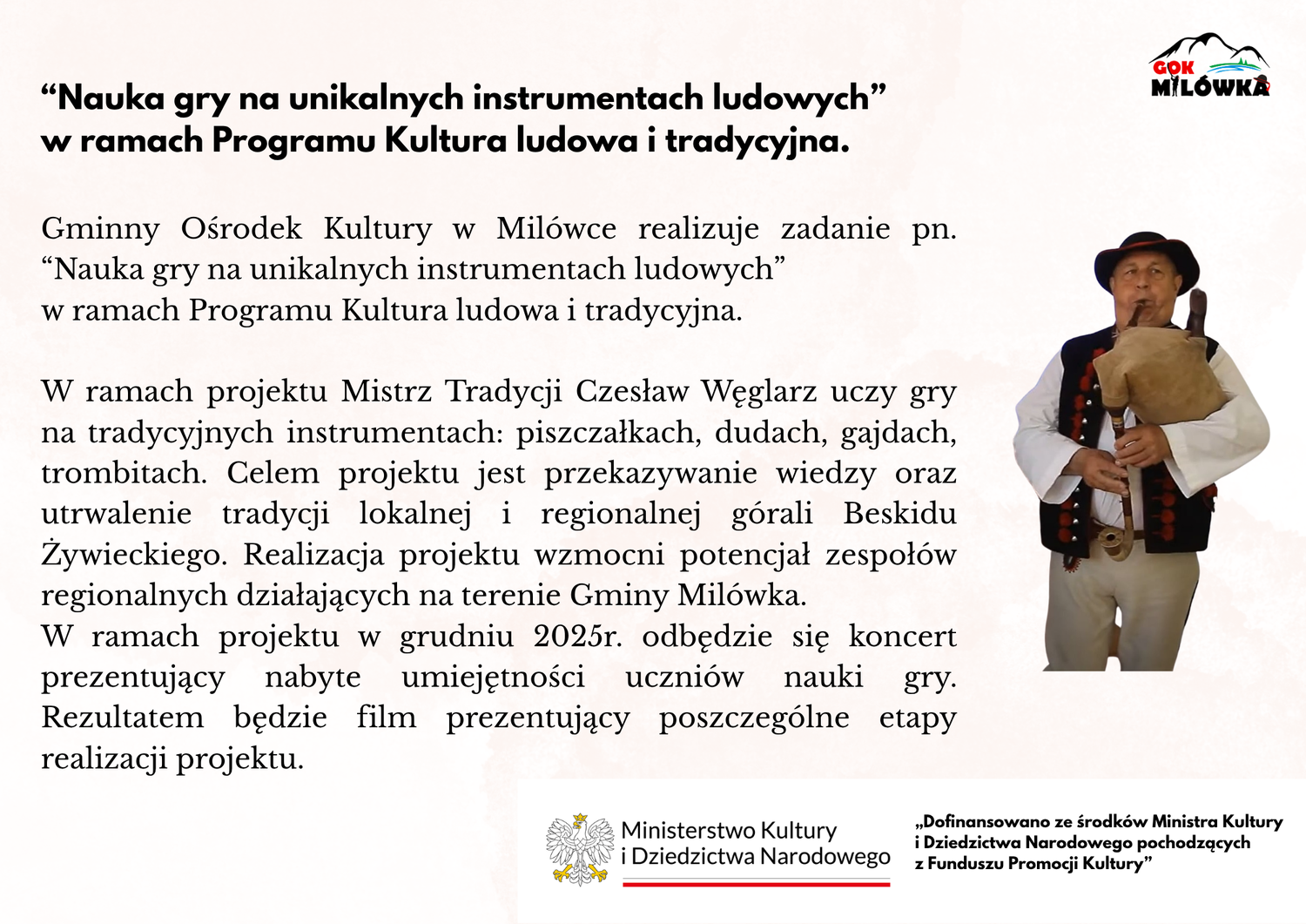 “Nauka gry na unikalnych instrumentach ludowych” w ramach Programu Kultura ludowa i tradycyjna